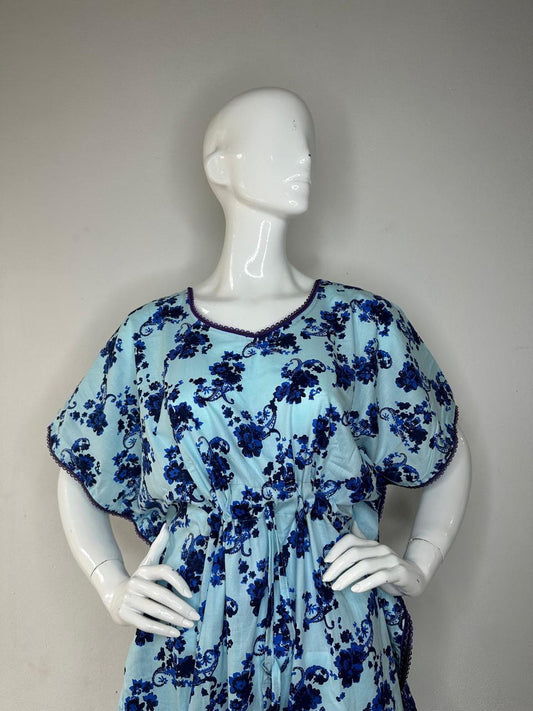 Moonstone Blue and Cool Black printed Pure Cotton V-Neck Kaftan With Matching Border Lace And Adjustable Tie Free Size (Suits for bra size 34″- 40″) | 54-56 Inch Length