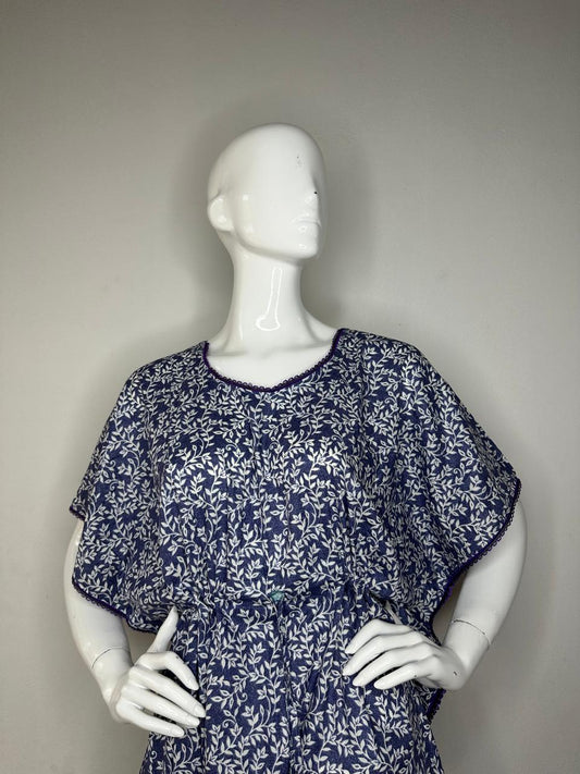 Oxford Blue and Dark Gray printed Pure Cotton V-Neck Kaftan With Matching Border Lace And Adjustable Tie Free Size (Suits for bra size 34″- 40″) | 54-56 Inch Length
