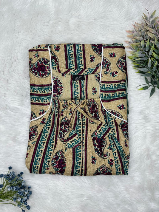 Khaki Printed Pure Cotton Square Neck Elastic Pleated Nighty Free Size Short Sleeve (Suits for bra size 34″- 40″ | 54-56 inch length)