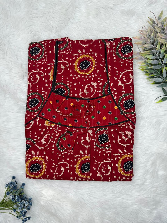 UP Maroon Printed Front and Claret Pleated Pure Cotton Nighty Free Size Short Sleeve (Suits for bra size 34″- 40″ | 54-56 inch length)