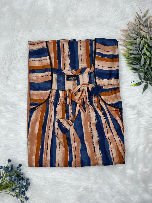 Dark Chestnut and Oxford Blue Printed Pure Cotton Square Neck Elastic Pleated Nighty Free Size Short Sleeve (Suits for bra size 34″- 40″ | 54-56 inch length)
