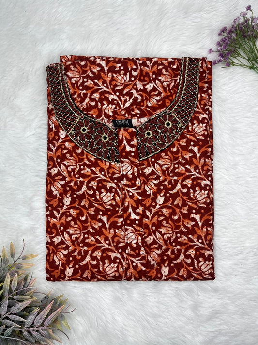 Rosewood Printed 8" Long Zip Matching Embroidery Neck Pure Cotton Feeding Nighty Plus Size Short Sleeve (Suits for bra size 40″- 46″ | 54"-56" inch length)