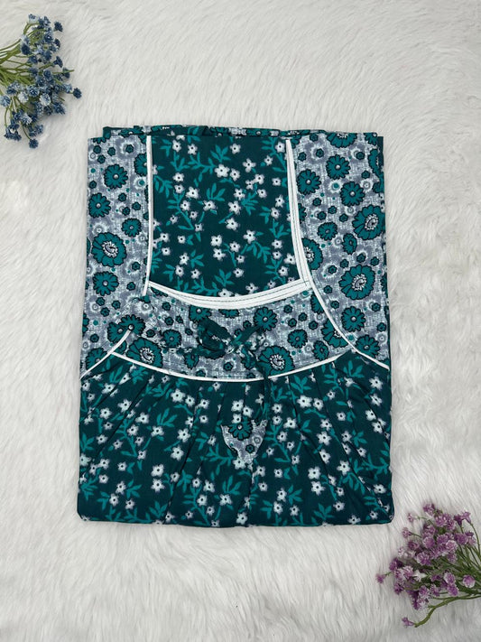 Dark Jungle Green and Pastel Blue Printed Front and Back Pleated Pure Cotton Nighty Free Size Short Sleeve (Suits for bra size 34″- 40″ | 54-56 inch length)