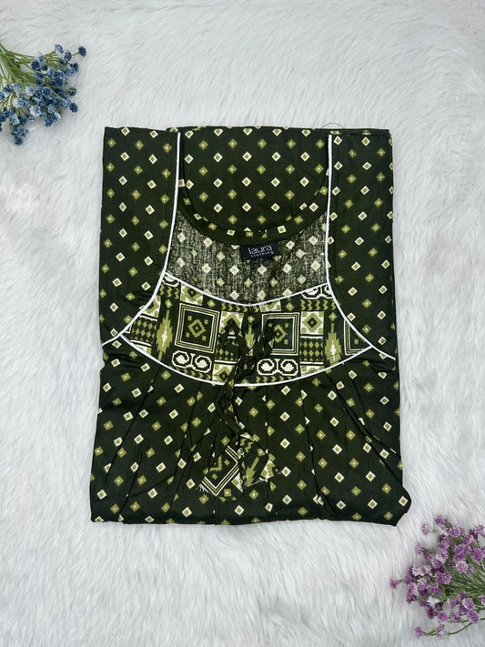 Dark Jungle Green Printed Square Neck No Zip Pleated Pure Cotton Nighty Free Size Short Sleeve (Suits for bra size 34″- 40″ | 54-56 inch length)