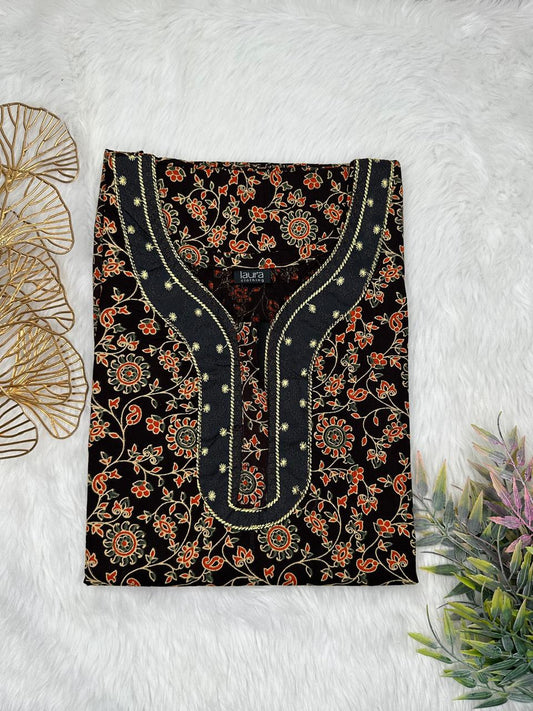 Onyx Kalamkari Printed Normal Zip Embroidery Neck Pure Cotton Maternity Nighty Plus Size Short Sleeve (Suits for bra size 40″- 46″ | 54-56 inch length)