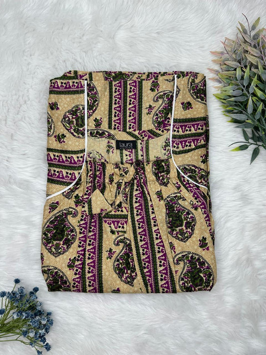 Lion Pure Cotton Square Neck Elastic Pleated Nighty Free Size Short Sleeve (Suits for bra size 34″- 40″ | 54-56 inch length)