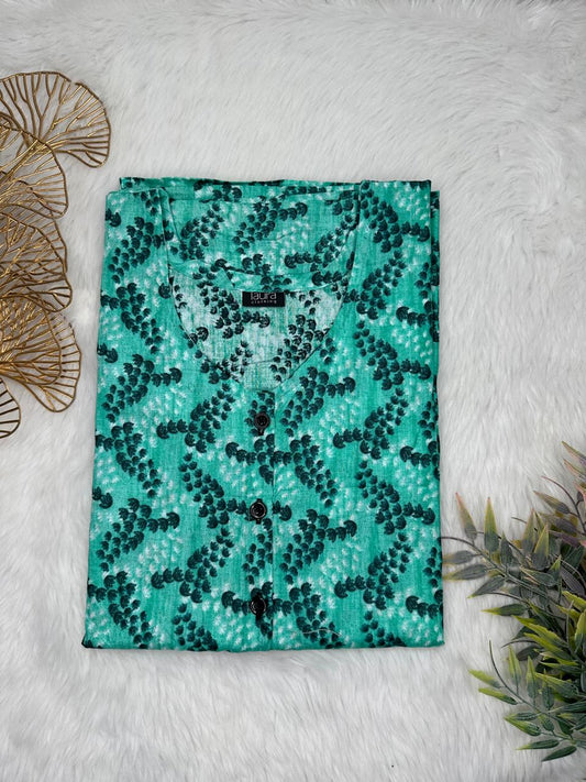 Verdigris and Onyx Printed Round Neck Pure Cotton Full Open Button Labour Room Nighty Free Size Short Sleeve (Suits for bra size 34″- 40″ | 54-56 inch length)