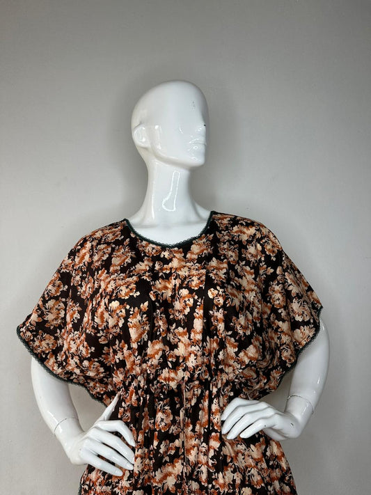 Light Taupe and Onyx printed Pure Cotton V-Neck Kaftan With Matching Border Lace And Adjustable Tie Free Size (Suits for bra size 34″- 40″) | 54-56 Inch Length