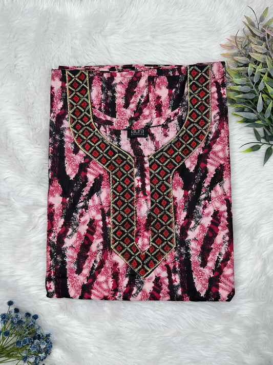 Nadeshiko Pink and Onyx Printed Normal Zip Embroidery Neck Pure Cotton Maternity Nighty Plus Size Short Sleeve (Suits for bra size 40″- 46″ | 54-56 inch length)