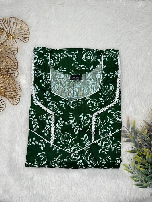 Deep green Printed Square Neck Normal Zip Pure Cotton Nighty Free Size Short Sleeve (Suits for bra size 34″- 40″ | 54-56 inch length)