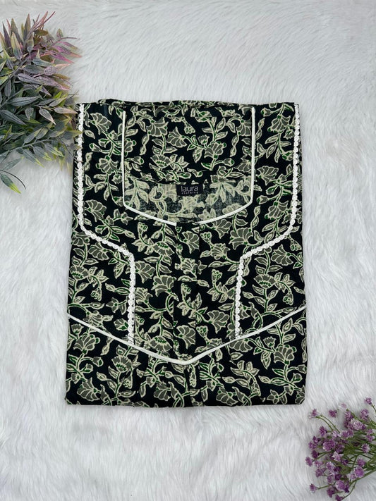 Rifle Green and Onyx Printed Square Neck Normal Zip Pure Cotton Nighty Free Size Short Sleeve (Suits for bra size 34″- 40″ | 54-56 inch length)