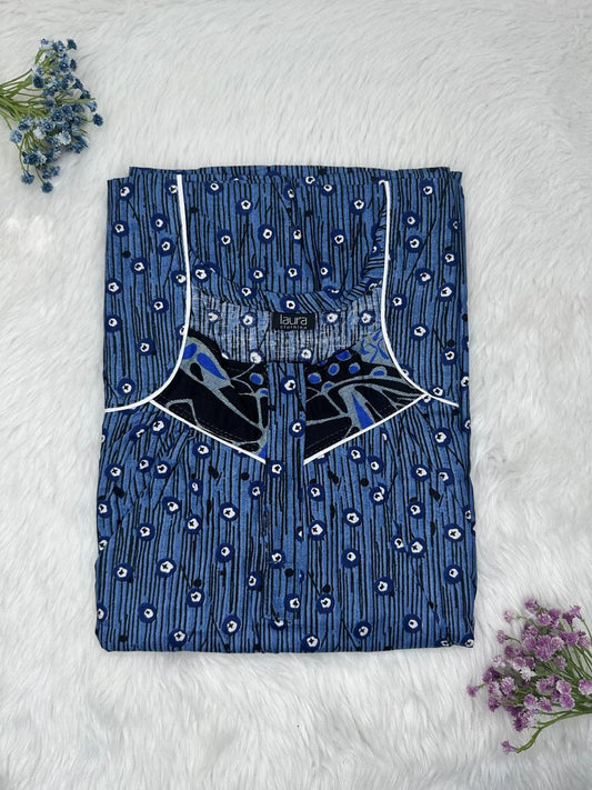 Lapis Lazuli Printed Square Neck Pleated Zip Pure Cotton Nighty Free Size Short Sleeve (Suits for bra size 34″- 40″ | 54-56 inch length)