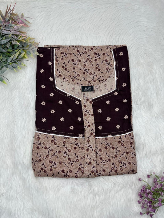 Grullo and Zinnwaldite Brown Printed Square Neck Pleated Pure Cotton Feeding Nighty With Two Side Vertical Zip and Single Centre Zip Free Size Short Sleeve (Suits for bra size 34″- 40″ | 54-56 inch length)