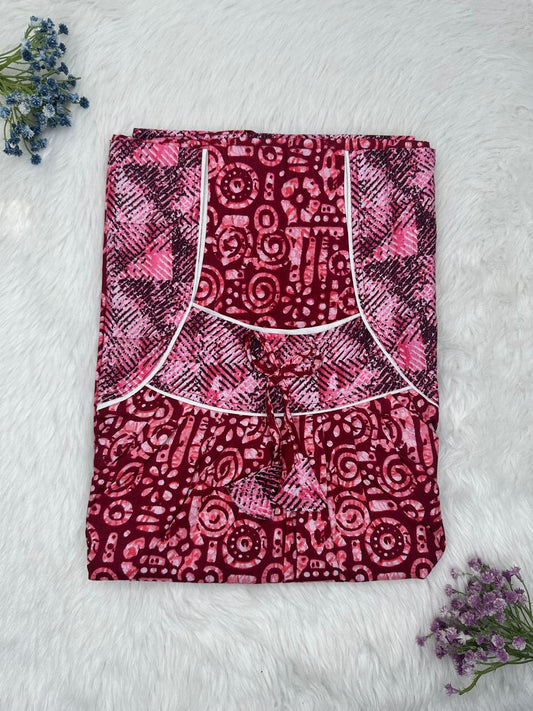 Dark Scarlet Printed Front and Back Pleated Pure Cotton Nighty Free Size Short Sleeve (Suits for bra size 34″- 40″ | 54-56 inch length)