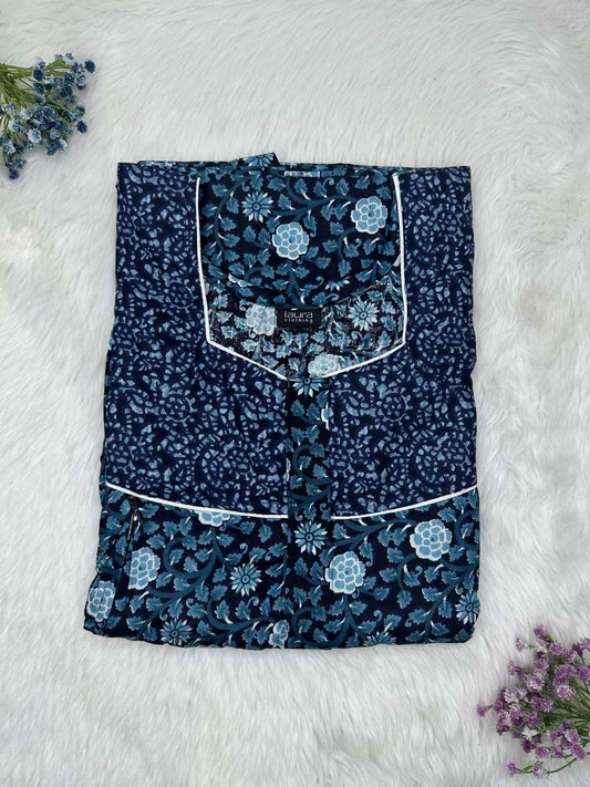 Sea Blue Printed Square Neck Pleated Pure Cotton Feeding Nighty With Two Side Vertical Zip and Single Centre Zip Free Size Short Sleeve (Suits for bra size 34″- 40″ | 54-56 inch length)