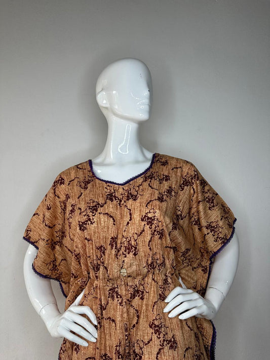 Antique Brass and Caput Mortumm printed Pure Cotton V-Neck Kaftan With Matching Border Lace And Adjustable Tie Free Size (Suits for bra size 34″- 40″) | 54-56 Inch Length