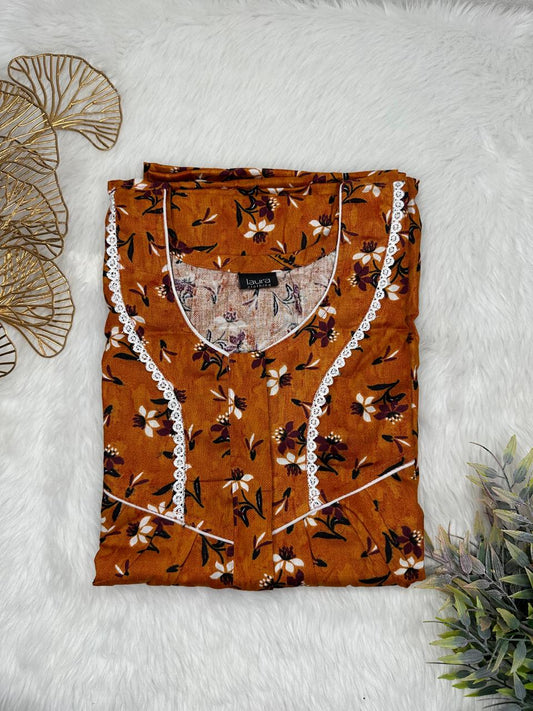 Saddle Brown Printed Round Neck Centre Long 12" Zip Pure Cotton Feeding Nighty Free Size Short Sleeve (Suits for bra size 34″- 40″ | 54-56 inch length)