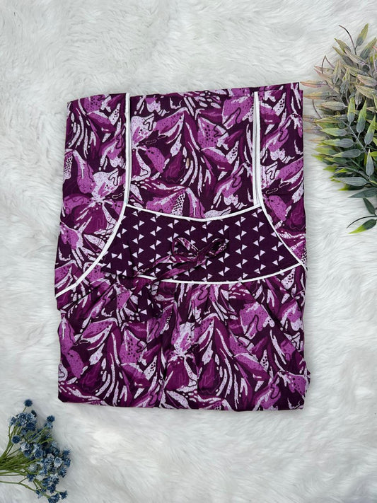 Dark Magenta Printed Front and Pleated Pure Cotton Nighty Free Size Short Sleeve (Suits for bra size 34″- 40″ | 54-56 inch length)