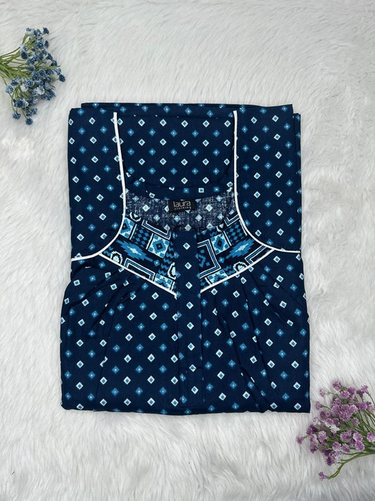 Oxford Blue Printed Square Neck Pleated Zip Pure Cotton Nighty Free Size Short Sleeve (Suits for bra size 34″- 40″ | 54-56 inch length)