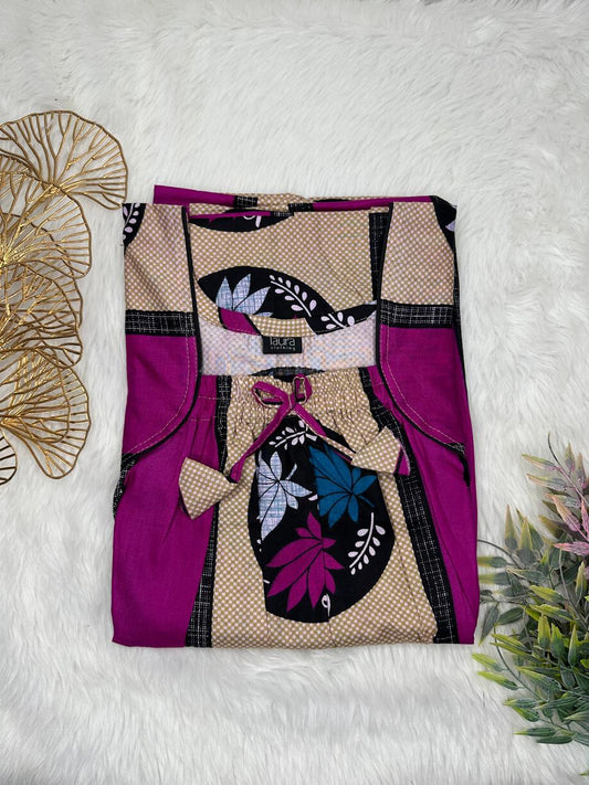 Byzantium and Lion Printed Pure Cotton Square Neck Elastic Pleated Nighty Free Size Short Sleeve (Suits for bra size 34″- 40″ | 54-56 inch length)