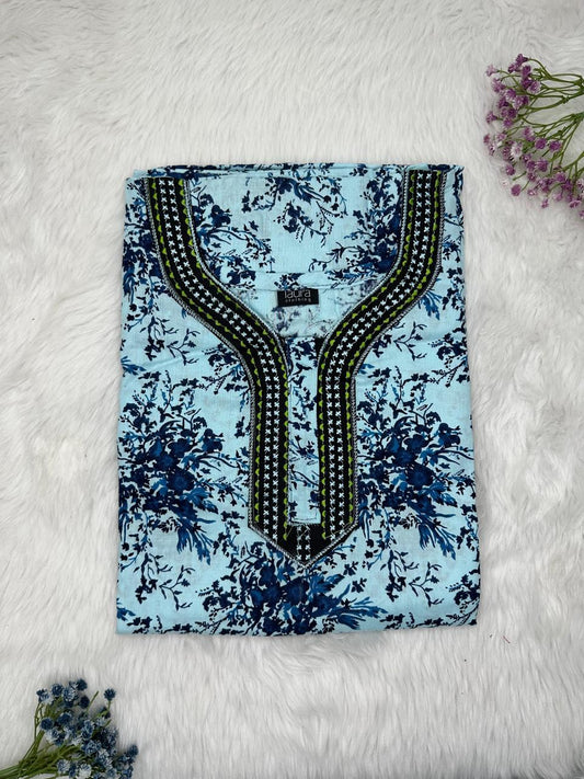 Light Blue Normal Zip Embroidery Neck Pure Cotton Nighty Plus Size Short Sleeve (Suits for bra size 40″- 46″ | 54-56 inch length)