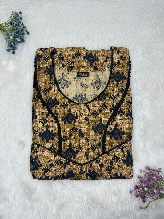 Field Drab Printed Round Neck Normal Zip Pure Cotton Nighty Free Size Short Sleeve (Suits for bra size 34″- 40″ | 54-56 inch length)