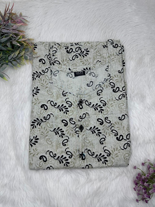 Dark Gray Printed Round Neck Pure Cotton Full Open Button Labour Room Nighty Free Size Short Sleeve (Suits for bra size 34″- 40″ | 54-56 inch length)