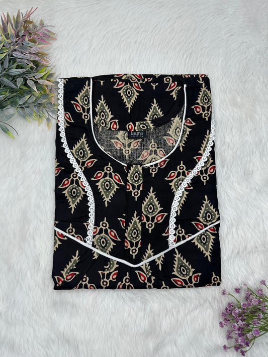 Onyx and Khaki Printed Round Neck Normal Zip Pure Cotton Nighty Free Size Short Sleeve (Suits for bra size 34″- 40″ | 54-56 inch length)