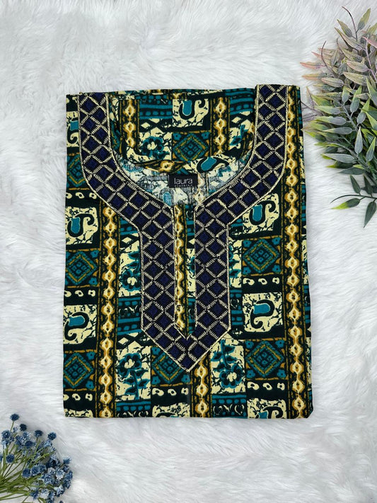 Onyx and Phthalo Green Printed Normal Zip Embroidery Neck Pure Cotton Maternity Nighty Plus Size Short Sleeve (Suits for bra size 40″- 46″ | 54-56 inch length)