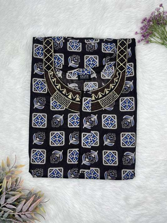 Onyx Printed Normal Zip Pure Cotton Matching Neck Embroidery Nighty Free Size Short Sleeve (Suits for bra size 34″- 40″ | 54-56 inch length)