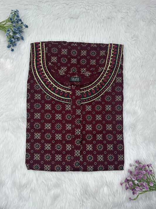 Dark Sienna Printed 12" Long Zip Matching Embroidery Neck Pure Cotton Feeding Nighty Plus Size Short Sleeve (Suits for bra size 40″- 46″ | 54"-56" inch length)