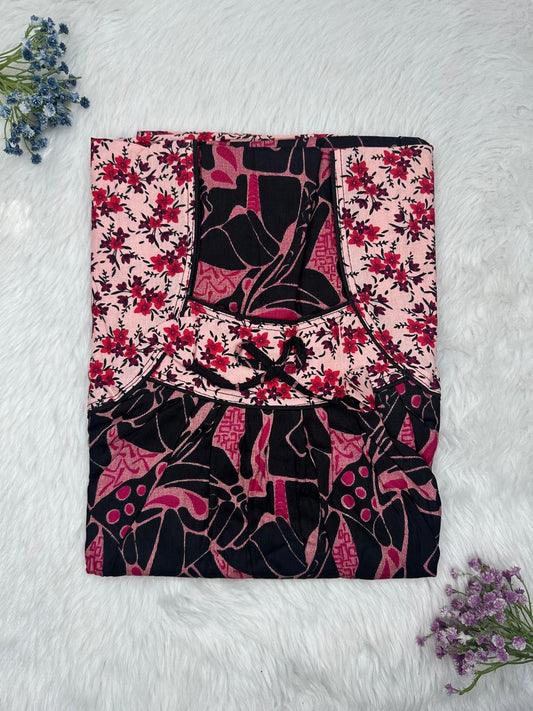 Onyx and Rose Gold Printed Front and Back Pleated Pure Cotton Nighty Free Size Short Sleeve (Suits for bra size 34″- 40″ | 54-56 inch length)