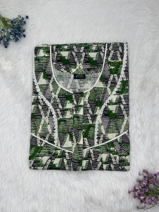 Phthalo Green Printed Round Neck Centre Long 12" Zip Pure Cotton Feeding Nighty Free Size Short Sleeve (Suits for bra size 34″- 40″ | 54-56 inch length)