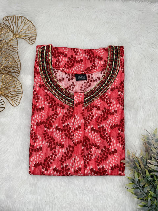 Brick Red Printed 12" Long Zip Pure Cotton Matching Neck Embroidery Feeding Nighty Free Size Short Sleeve (Suits for bra size 34″- 40″ | 54-56 inch length)