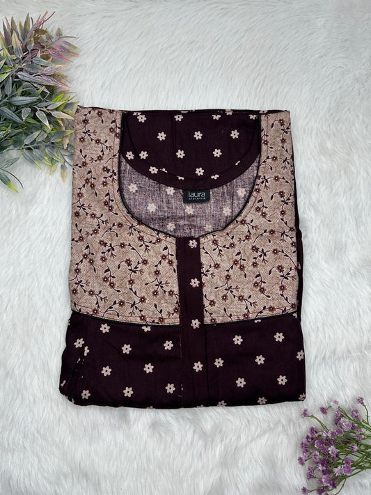 Onyx and Cinereous Printed Round Neck Pleated Pure Cotton Feeding Nighty With Two Side Vertical Zip and Single Centre Zip Free Size Short Sleeve (Suits for bra size 34″- 40″ | 54-56 inch length)