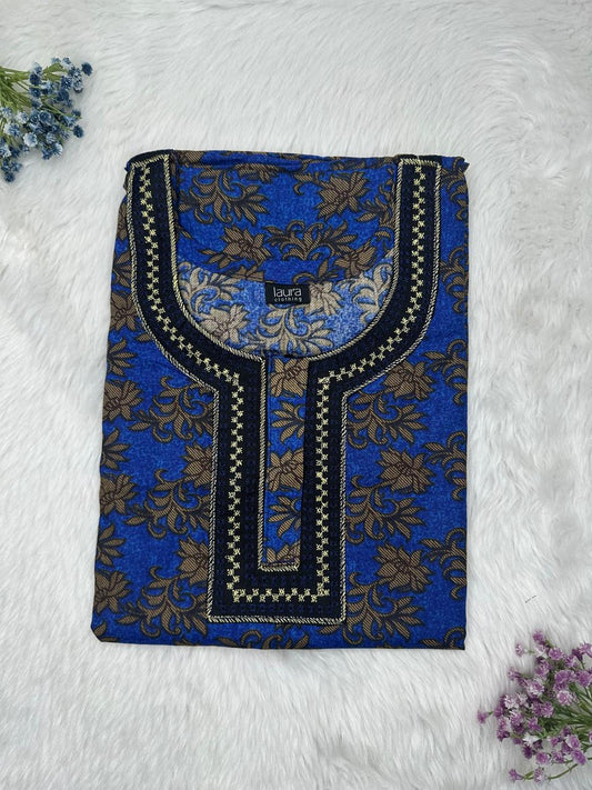 Saint Patrick Blue Printed Normal Zip Pure Cotton Matching Neck Embroidery Nighty Free Size Short Sleeve (Suits for bra size 34″- 40″ | 54-56 inch length)