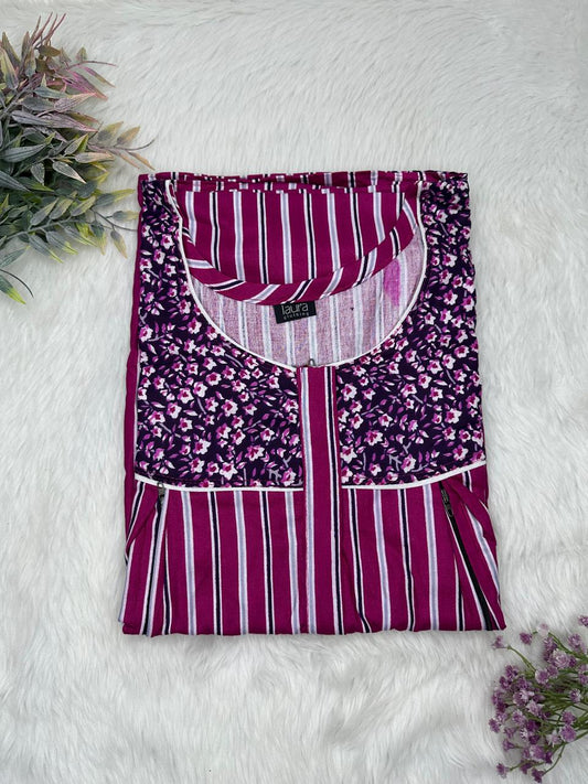 Tyrian Purple and Antique Fuchsia Printed Round Neck Pleated Pure Cotton Feeding Nighty With Two Side Vertical Zip and Single Centre Zip Free Size Short Sleeve (Suits for bra size 34″- 40″ | 54-56 inch length)