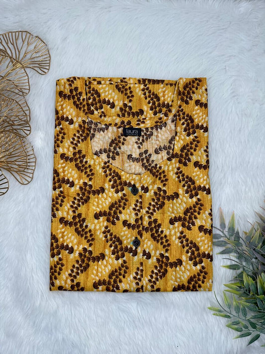 Ecru and Bistre Printed Square Neck Pure Cotton Full Open Button Labour Room Nighty Free Size Short Sleeve (Suits for bra size 34″- 40″ | 54-56 inch length)