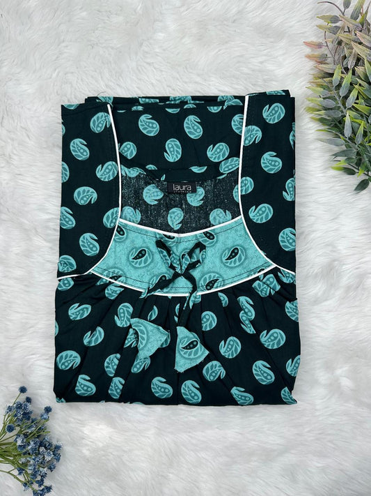 Onyx and Cadet Blue Printed Square Neck No Zip Pleated Pure Cotton Nighty Free Size Short Sleeve (Suits for bra size 34″- 40″ | 54-56 inch length)