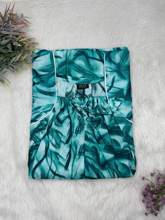 Teal Printed Cotton Square Neck Elastic Pleated Nighty Free Size Short Sleeve (Suits for bra size 34″- 40″ | 54-56 inch length)