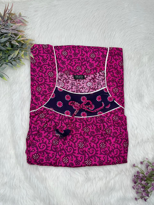 Vivid Violet Printed Square Neck No Zip Pleated Pure Cotton Nighty Free Size Short Sleeve (Suits for bra size 34″- 40″ | 54-56 inch length)