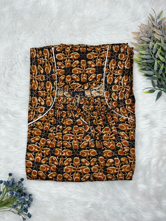 Saddle Brown Printed Pure Cotton Square Neck Elastic Pleated Nighty Free Size Short Sleeve (Suits for bra size 34″- 40″ | 54-56 inch length)