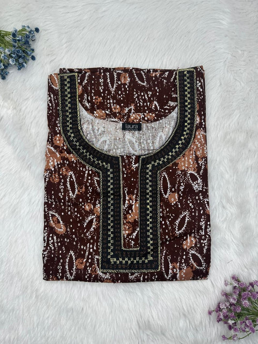 Seal Brown Printed Normal Zip Pure Cotton Matching Neck Embroidery Nighty Free Size Short Sleeve (Suits for bra size 34″- 40″ | 54-56 inch length)