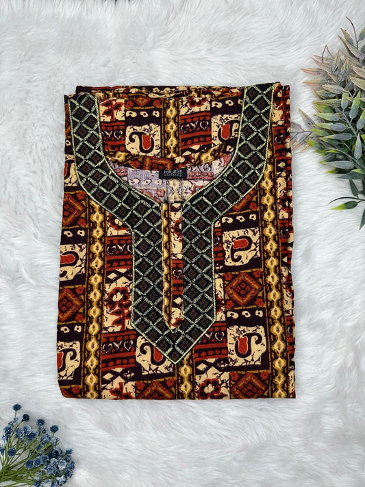 Pale Gold and Persian Plum Printed Normal Zip Pure Cotton Matching Neck Embroidery Nighty Free Size Short Sleeve (Suits for bra size 34″- 40″ | 54-56 inch length)