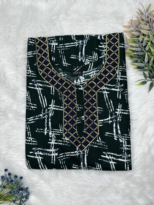 Dark Jungle Green Printed Normal Zip Embroidery Neck Pure Cotton Maternity Nighty Plus Size Short Sleeve (Suits for bra size 40″- 46″ | 54-56 inch length)