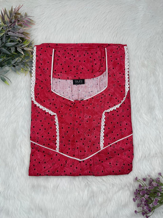 Vivid Auburn Printed Square Neck Normal Zip Pure Cotton Nighty Free Size Short Sleeve (Suits for bra size 34″- 40″ | 54-56 inch length)