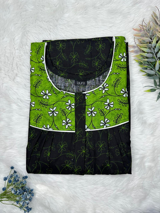 Onyx and Olive Drab Printed Mix N Match Round Neck Pleated Cotton Nighty With Centre -8″ Zip Short Sleeve Free Size (Suits for bra size 34″- 40″ | 54-56 inch length )