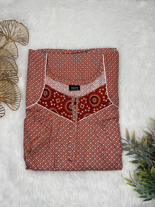 Desert Sand Printed Square Neck Pleated Zip Pure Cotton Nighty Free Size Short Sleeve (Suits for bra size 34″- 40″ | 54-56 inch length)