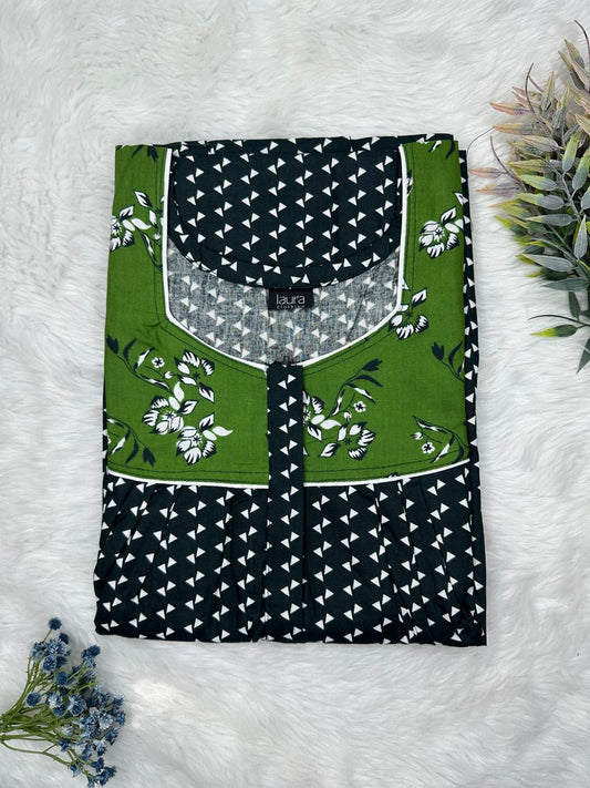 Onyx and Fern Green Printed Mix N Match Square Neck Pleated Cotton Nighty With Centre -8″ Zip Short Sleeve Free Size (Suits for bra size 34″- 40″ | 54-56 inch length )