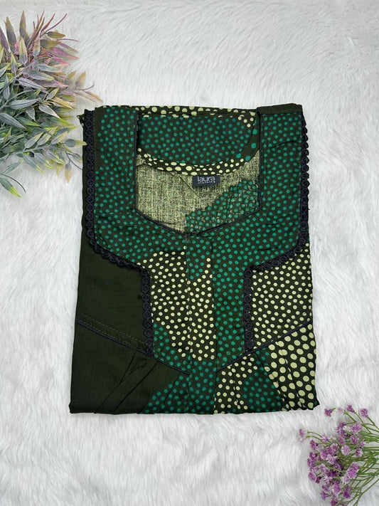 Medium Jungle Green and Viridian Printed Square Neck Centre Long 12" Zip Pure Cotton Feeding Nighty Free Size Short Sleeve (Suits for bra size 34″- 40″ | 54-56 inch length)